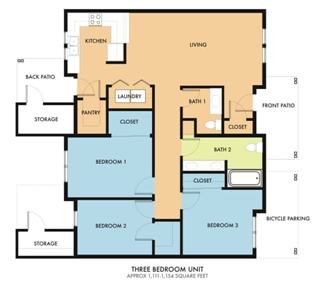 A floor plan of a three bedroom unit with a living room, kitchen, pantry, and storage.
