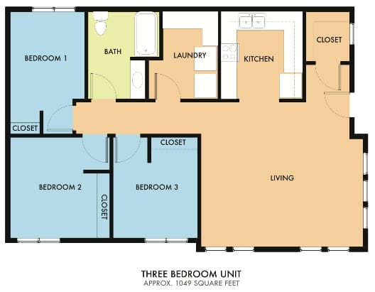 A floor plan of a three bedroom unit with a living room, kitchen, laundry and bathroom.