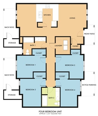 A four bedroom apartment with a living area, kitchen, and storage space.