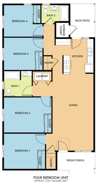 A floor plan of a four bedroom apartment.