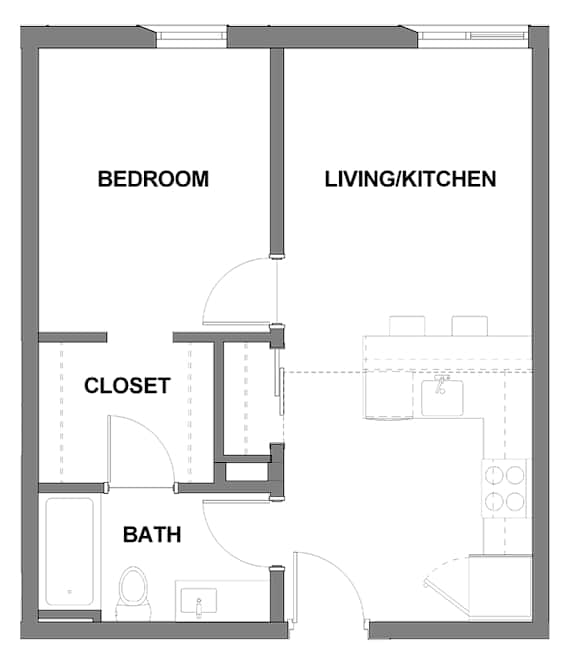 A floor plan of a small apartment with a bedroom, living/kitchen area, closet, and bathroom.