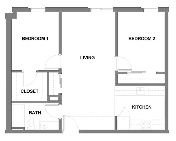 A floor plan of a small apartment with two bedrooms, a bathroom, a kitchen, and a closet.