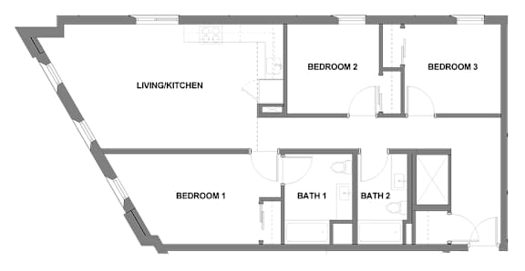 A black and white image of a house floor plan with a living kitchen area and three bedrooms.