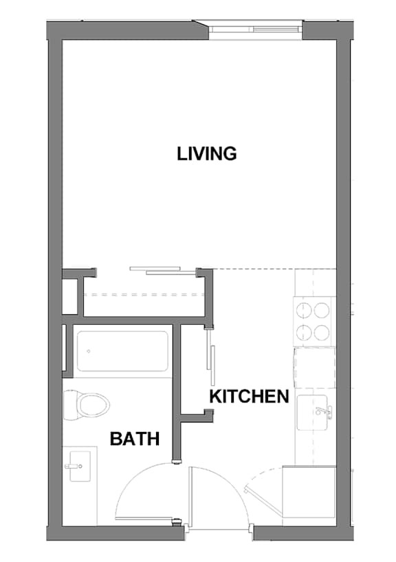 A floor plan of a small apartment with a living room, kitchen, and bathroom.