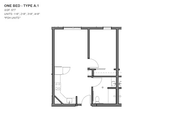 A floor plan of a one bedroom apartment type A.1.