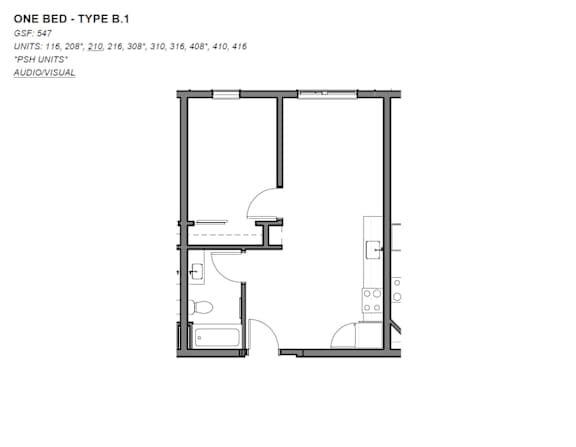 A floor plan of a one bedroom apartment type B.1.