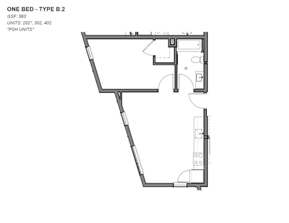 A floor plan of a one bedroom apartment with a GSF of 563 and 221 units.