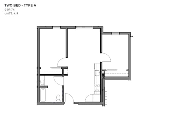 A black and white image of a two bedroom apartment layout.