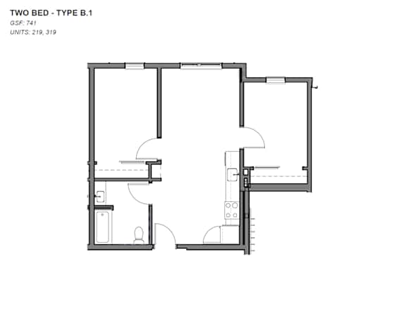 A black and white image of a two bedroom apartment layout.