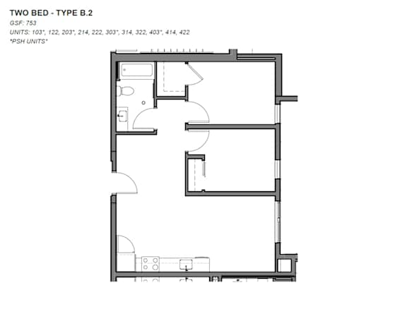 A floor plan of a two bedroom apartment type B.2.