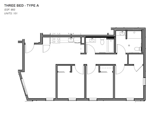 A black and white image of a three bedroom apartment floor plan.