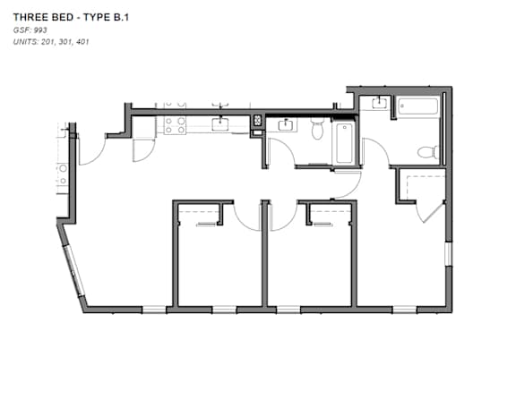 A black and white image of a three bedroom apartment layout.
