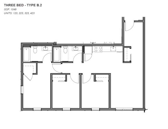 A black and white image of a three bedroom type B2 floor plan.