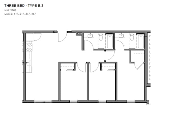 A black and white image of a three bedroom apartment layout.