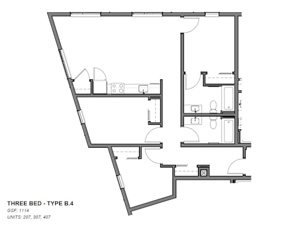 A black and white image of a three bedroom apartment layout.