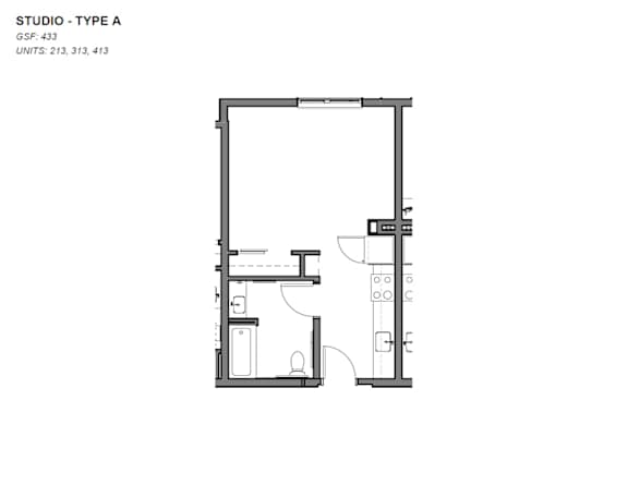 A black and white drawing of a Studio Type A apartment.