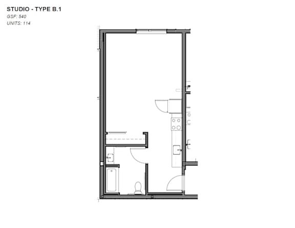 A black and white drawing of a studio apartment layout.