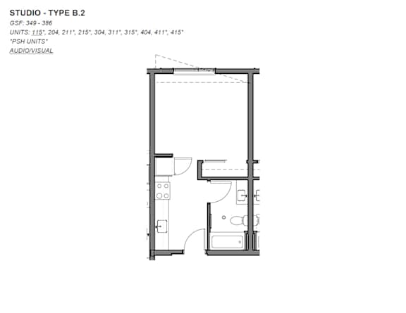 A floor plan of a studio type B.2 apartment.