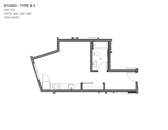 A floor plan of a studio apartment with a kitchen area and a bathroom.