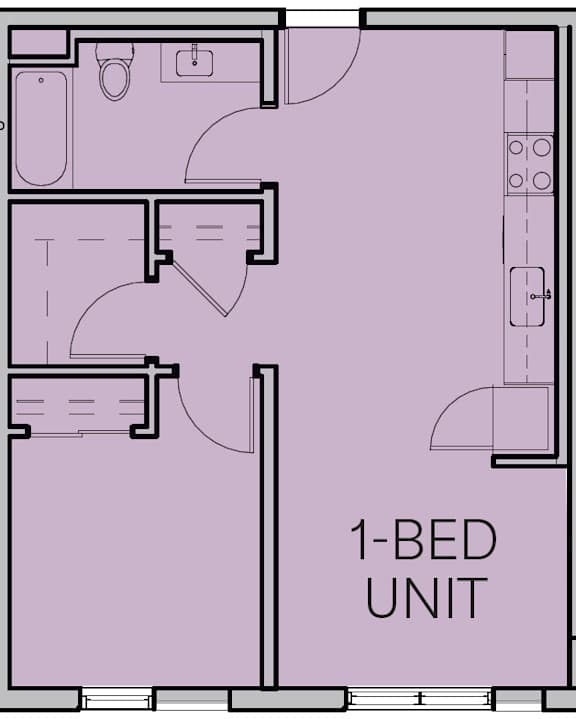 A 1-bedroom apartment layout with a kitchen, living room, and bathroom.
