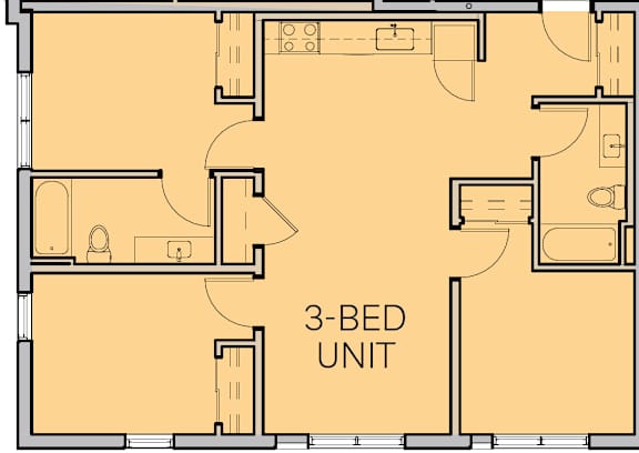 A 3-bedroom apartment layout is displayed.