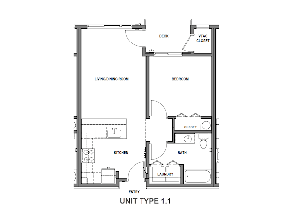 A floor plan of a living space with a kitchen, dining room, bedroom, and laundry.