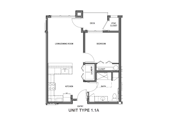 A floor plan of a small apartment with a living room, dining room, kitchen, bathroom, and two bedrooms.