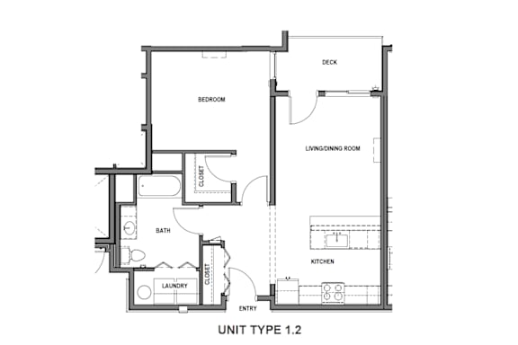 A floor plan of a small apartment with a laundry room and a living room.