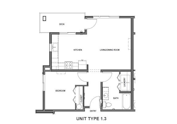 A black and white diagram of a floor plan for a unit type 1.3.