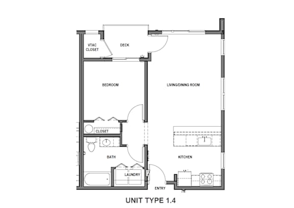 A floor plan of a unit type 1.4 showing a bedroom, living room, kitchen, bathroom and laundry.