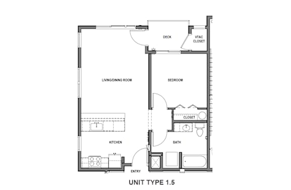 A floor plan of a 1.5 bedroom apartment.