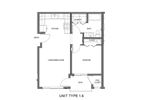 A floor plan of a living space with labeled rooms such as kitchen, bath, and living room.