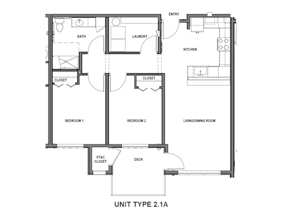 A floor plan of a small apartment with a living room, kitchen, and two bedrooms.