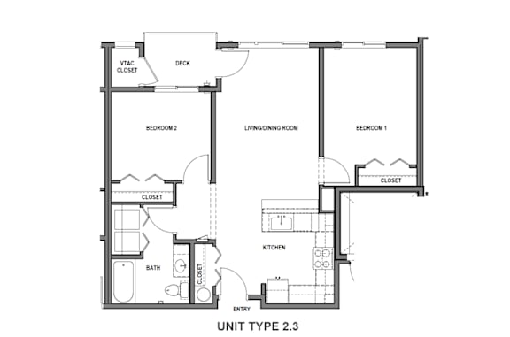 A floor plan of a 2 bedroom apartment with a living room and a kitchen.