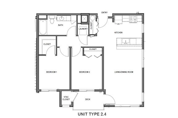 A floor plan of a residential unit with labeled rooms such as bathroom, kitchen, and bedrooms.