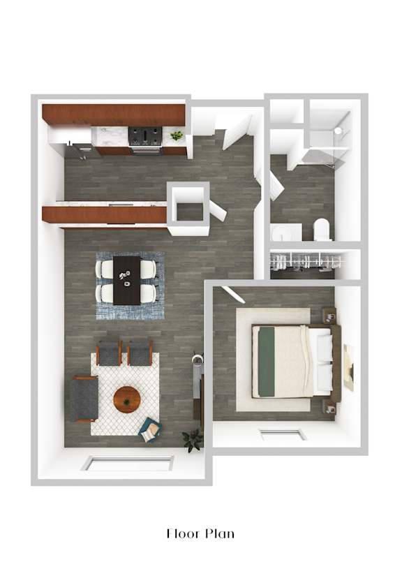 A floor plan of a house with a living room, kitchen, dining room, and bathroom.