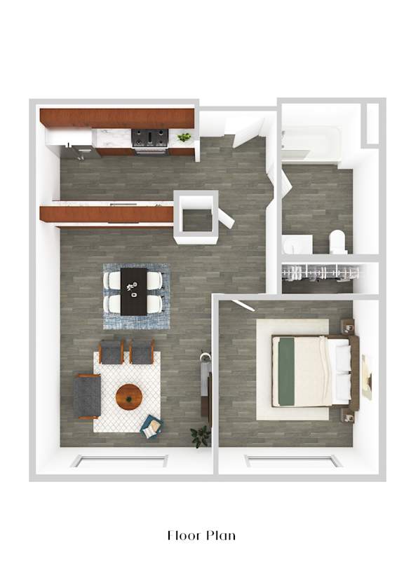 A floor plan of a small apartment with a kitchen, living room, and bathroom.