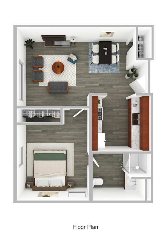 A floor plan of a small apartment with a bedroom, living room, and kitchen.
