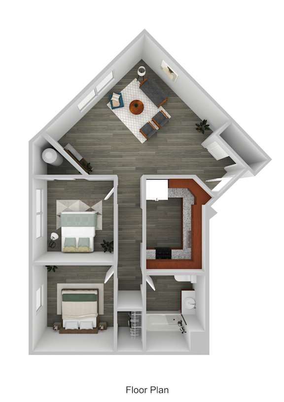 A floor plan of a house with a kitchen, living room, and bedrooms.