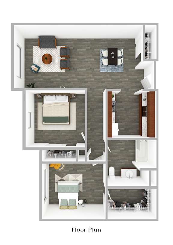 A floor plan of a house with a living room, kitchen, and two bedrooms.