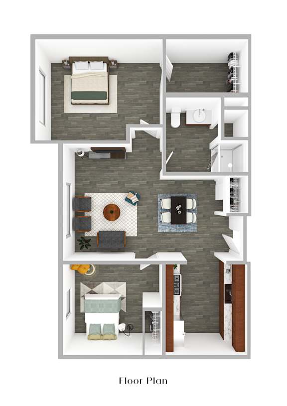 A floor plan of a house with a bedroom, living room, kitchen, and bathroom.