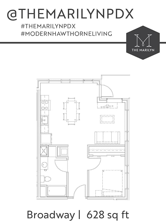 A floor plan of a 628 sq ft apartment in the Broadway area.