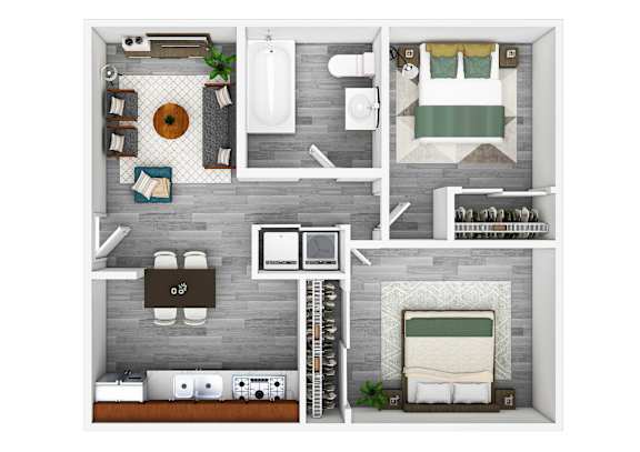 A top down view of a small apartment with a bed, a kitchen, and a bathroom.