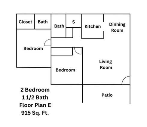 A floor plan of a 2 bedroom apartment with 1 1/2 baths.