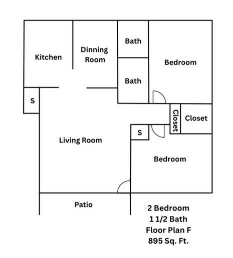 A floor plan of a living space with a kitchen, dining room, two bedrooms, a bathroom and a closet.
