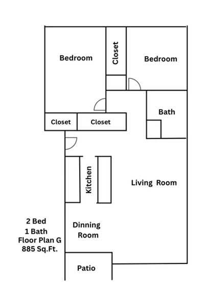A floor plan of a 2 bedroom apartment with 1 bath, dining room, living room, kitchen, and patio.