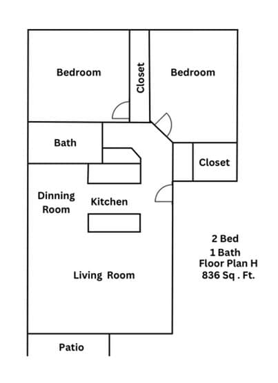 A drawing of a house layout with two bedrooms, a living room, a kitchen, a bath, a patio, and a closet.