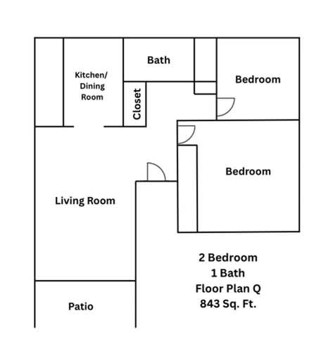 A floor plan of a small apartment with a living room, kitchen/dining room, two bedrooms, a bathroom, and a patio.