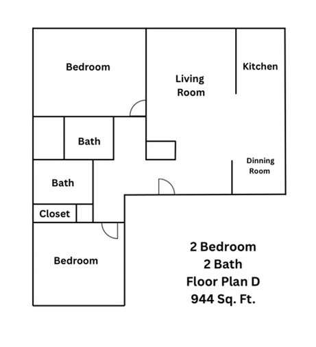 A floor plan of a 2 bedroom apartment with 2 bathrooms.