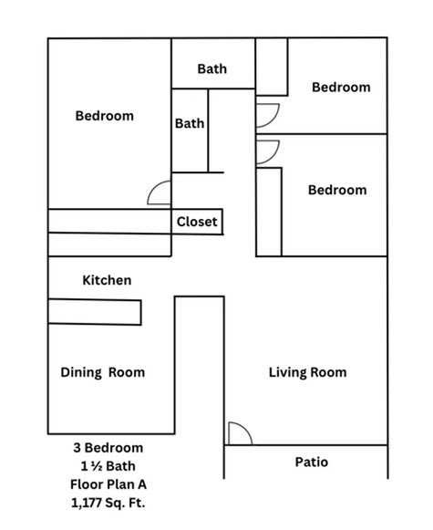 A floor plan of a 3 bedroom apartment with 1 1/2 bathrooms.